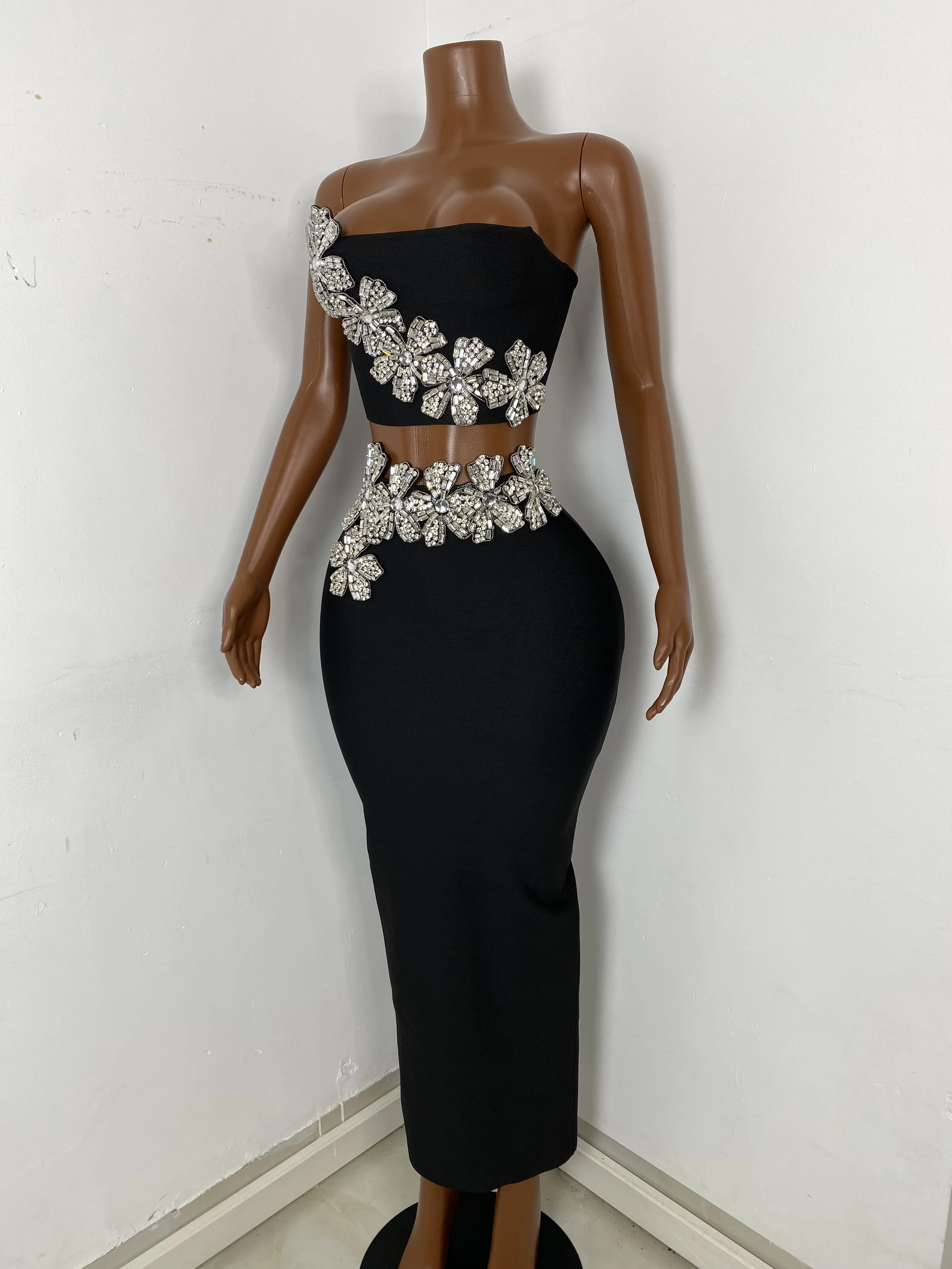 Women Sexy Strapless Diamonds Flower Black Maxi Long Two Pieces Skirt  Bandage Set 2025 Celebrity Designer Fashion Women's Set
