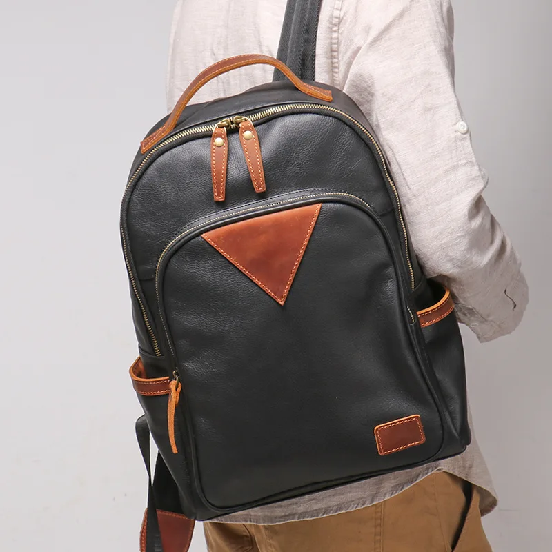 Men's Soft Genuine Leather Backpack Large Capacity Laptop Bag for Commute & Travel, Durable Two-Tone Casual Daypack