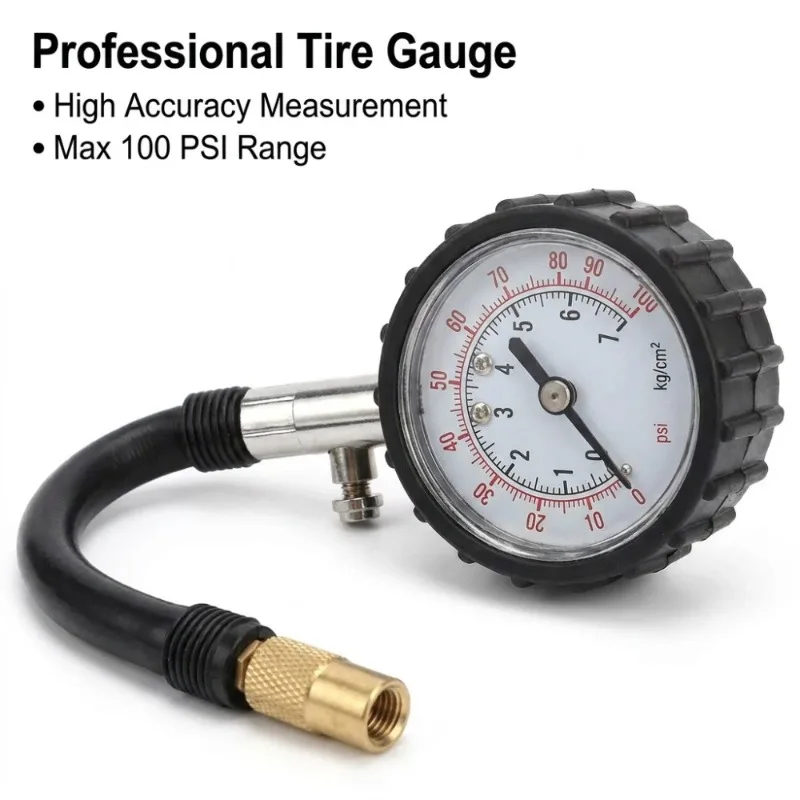 전문가용 100 PSI 타이어 공기압 게이지, 고정밀 롱 호스 미터, 자동차, 트럭, 오토바이 타이어 에어 펌프 테스터 도구