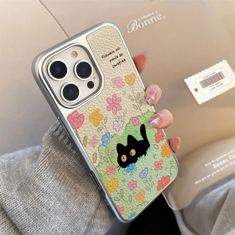 Leather Texture Phone Case - Cat in the Flower Bed Design