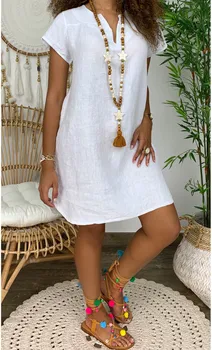 Summer loose solid color short sleeved V-neck cotton linen dress for women's clothing dress 1