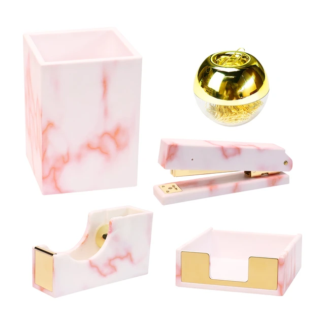 Pink Marble Desk Accessories Office Supplies Set Marble Stapler Tape  Dispenser Paper Clips Pencil Cup Pink