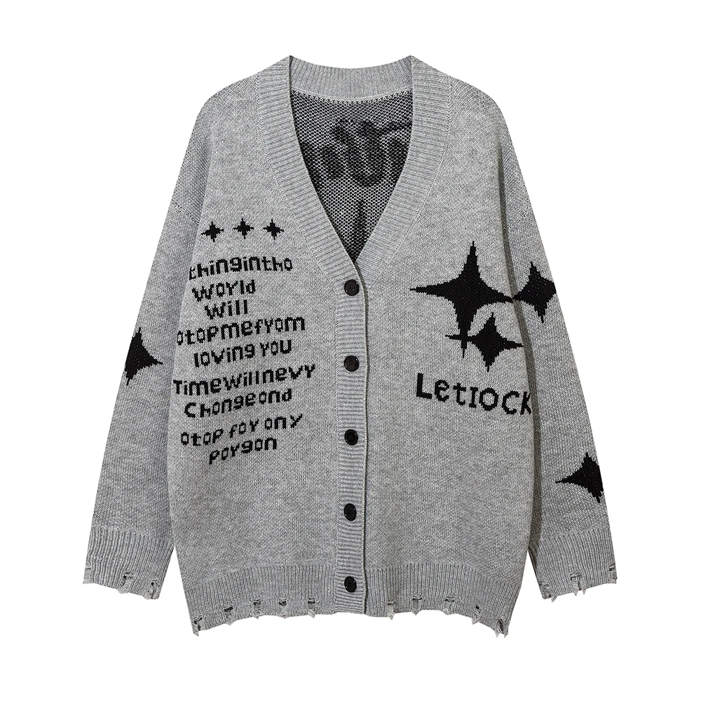 

Vintage V Neck Stars Letter Patch Cardigan Sweaters for Men and Women High Street Baggy Y2k Pull Homme Knitted Clothes Oversized