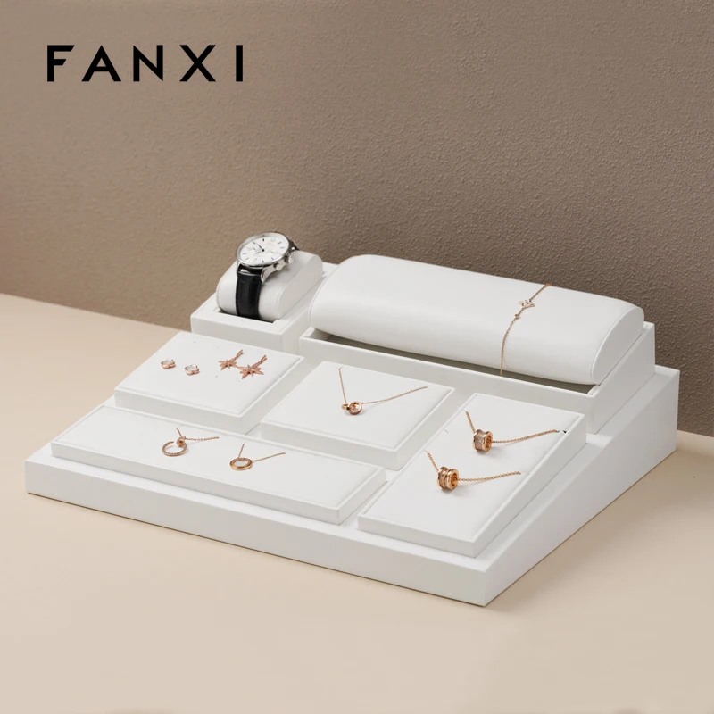 Oirlv New White PU Leather Jewelry Display Organizer Props Ring Pendant Necklace Holder Jewelry Rack Display Stand Set Showcase