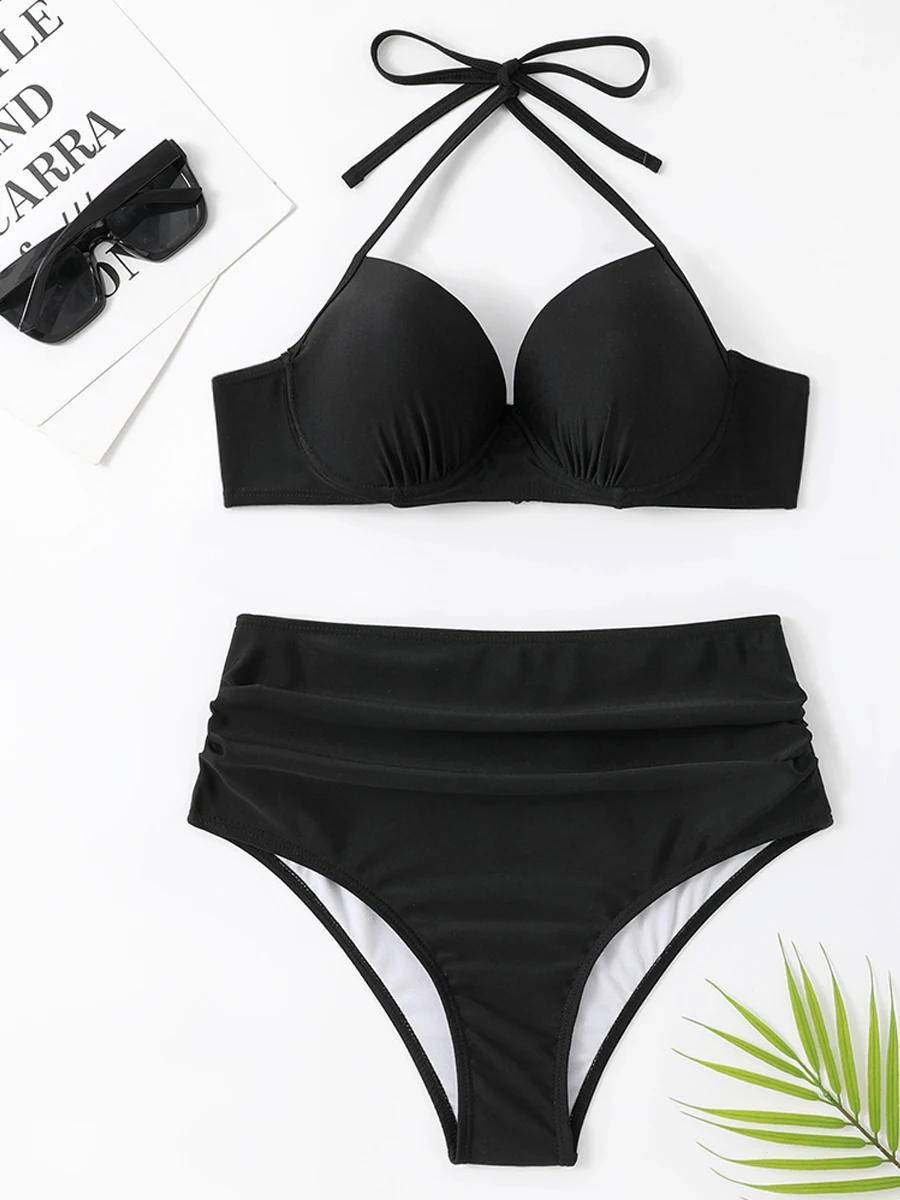 Triangle High Waist Bikinis Women Push Up Swimwear Female Halter Swimsuit Solid Beachwear Bathers Bathing Swimming Swim Suit