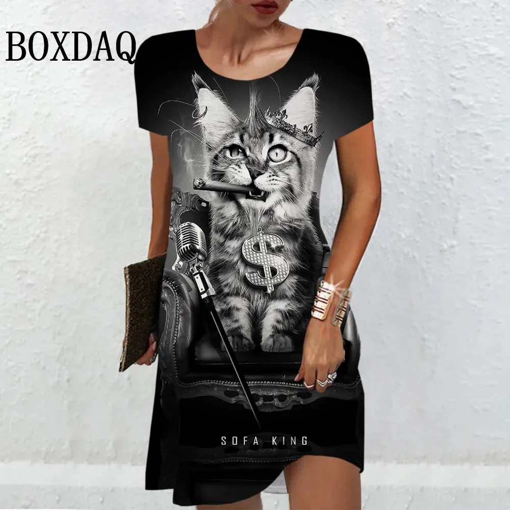 

Женское мини-платье с круглым вырезом, модное креативное уличное платье в стиле хип-хоп с котом, коротким рукавом и 3D принтом, Повседневное платье большого размера, лето 2024
