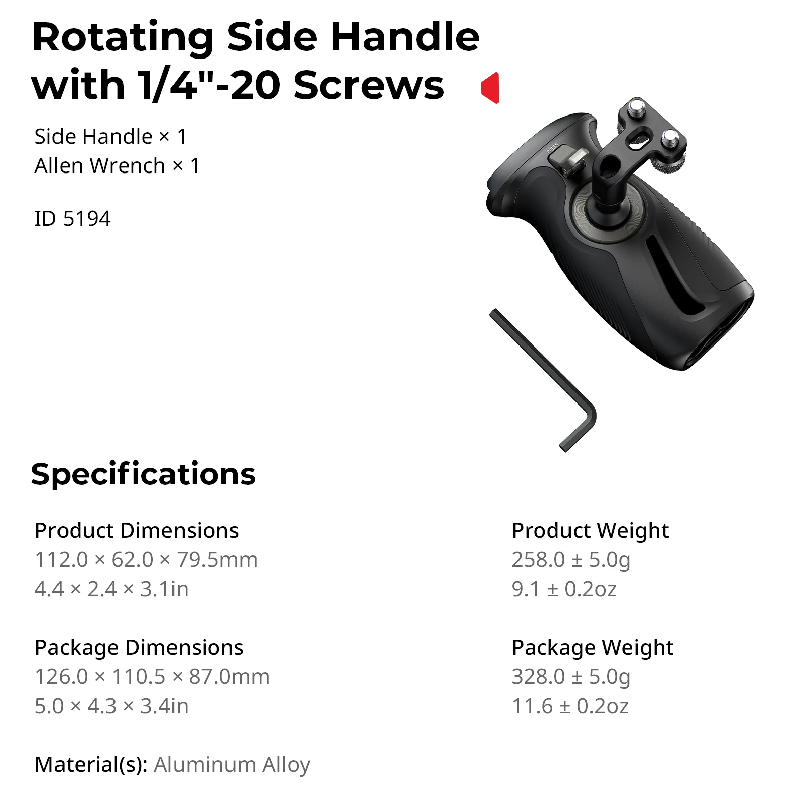 Rotating Side Handle with 1/4"-20 Screws, 360° Adjustment Handgrip for DSLR Came