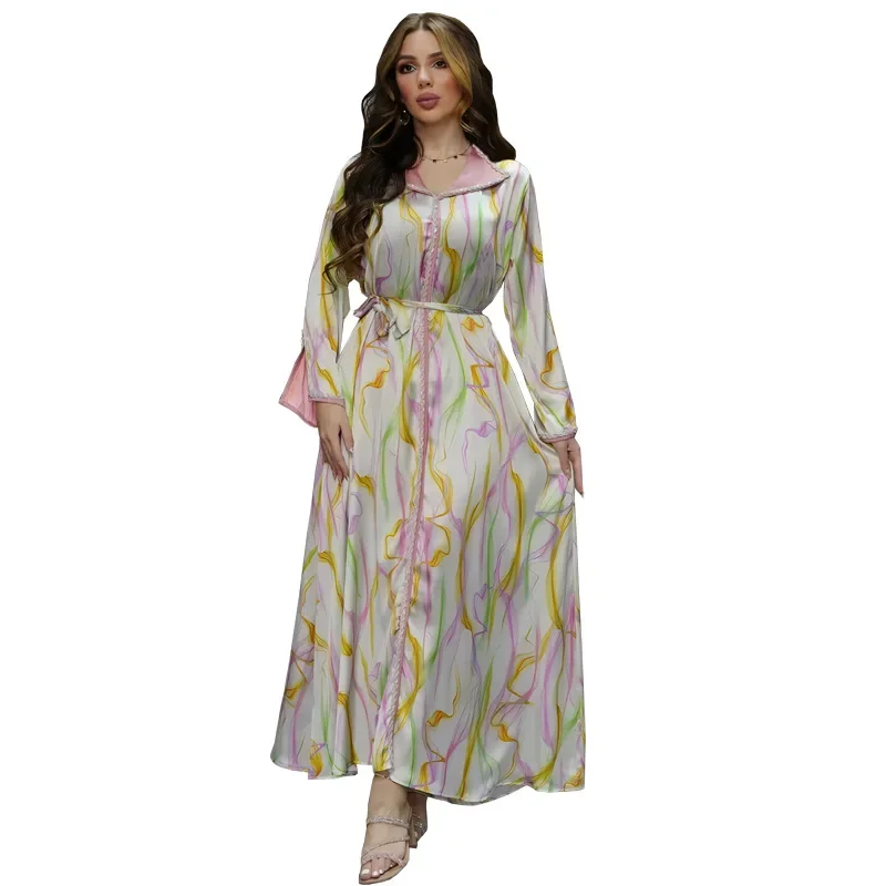 Women Abaya Muslim Fashion Printing Luxury Diamonds Belted Dress Turn-down Collar Long Dresses Ramadan Jalabiyat 2023