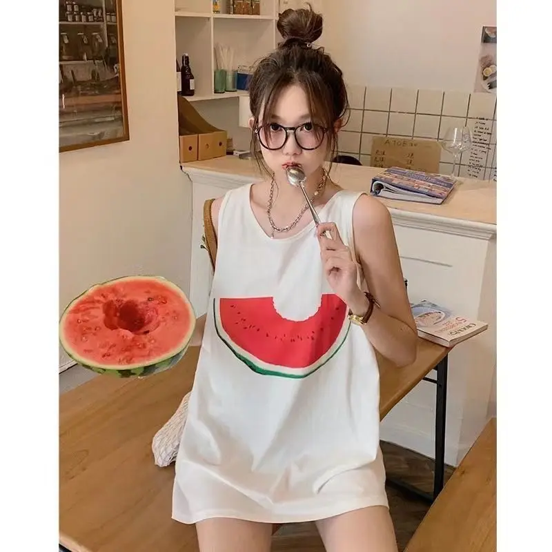 

Girls T-shirt 100% 3D Printing Korean Sweet Summer Watermelon Casual Long Loose O-Neck Sleeveless Girls Tees Women T-shirt