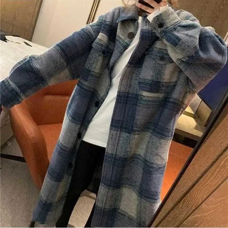 여성용 롱 격자 무늬 셔츠 코트, 오버사이즈 체크 무늬 셔츠, 빈티지 루즈 싱글 브레스티드 롱 가디건, 여성 패션, 가을