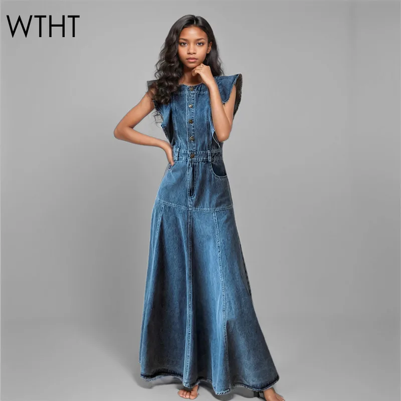 WTHT Fashion Women's Ruffled Edge Sleeveless Denim Long