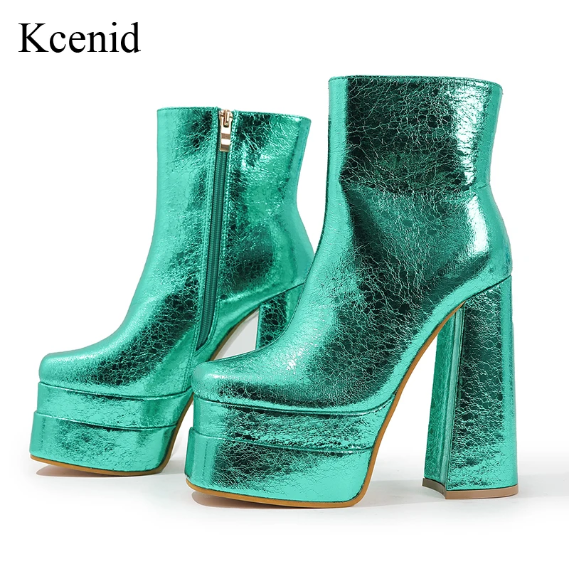 

Kcenid Fashion Shiny Leather Women's Ankle Boots Autumn Winter New Thick High Heels Platform Round Toe Party Shoes Green Silver