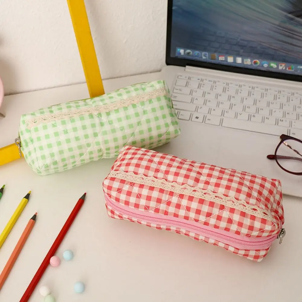 간단한 신선한 격자 무늬 디자인 펜 가방 대용량 휴대용 편지지 가방 다기능 편지지 주최자 학생