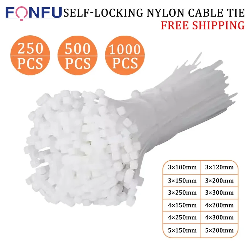 Self-locking Plastic Nylon Cabo Tie Organizador Branco Fasten Wire Zip Ties 3×100 mm 4×300 mm 250 Pcs 500 Pcs 1000 Pcs Bag