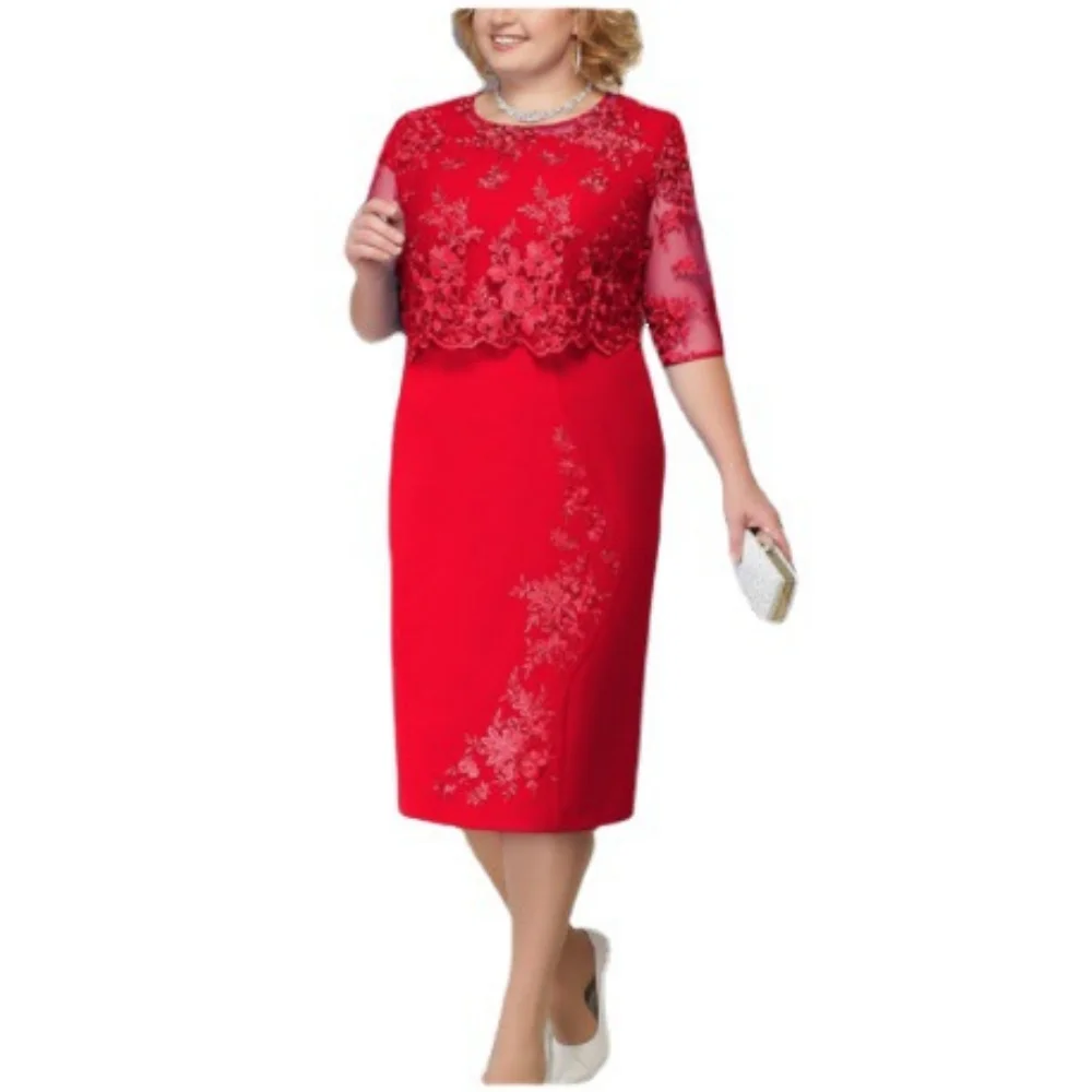 

A Lin Plus Size Women Clothing Summer Mid-length Wedding Round Neck Three-quarter Sleeves Crochet Hollow Family Party New Dress