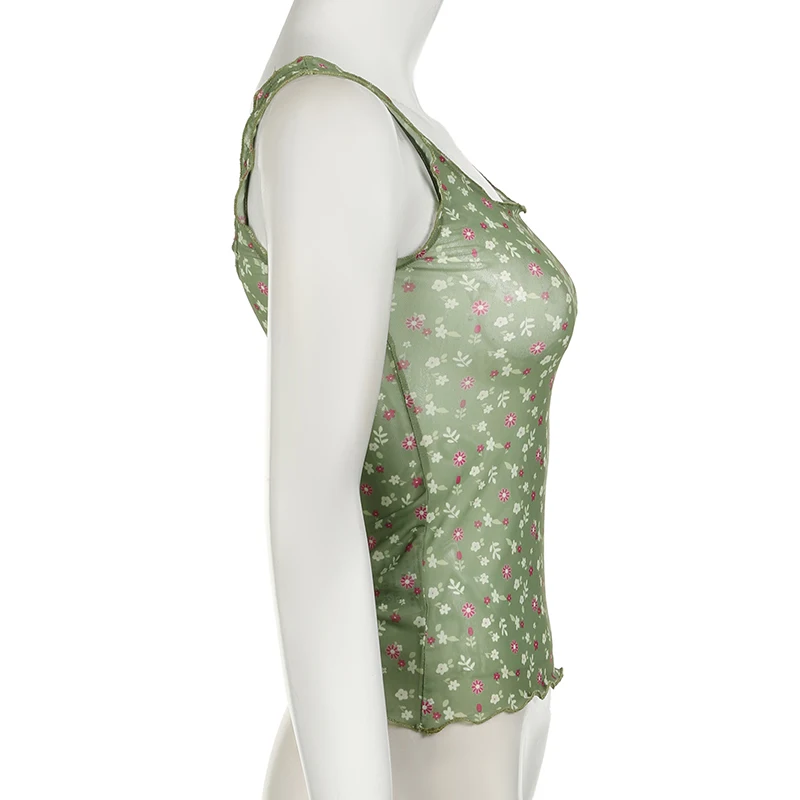 Camiseta sin mangas de malla transparente con estampado floral para mujer, camiseta de verano ajustada Y2K con cuello cuadrado vintage, camiseta sexy de moda