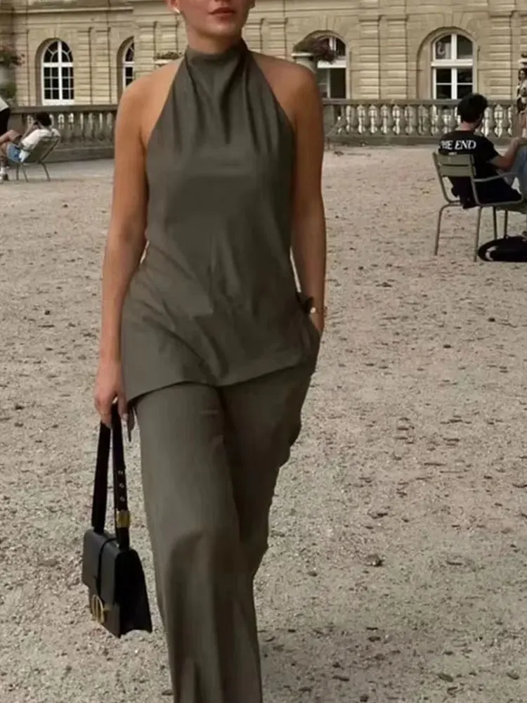 HH Women Vintage Solid Pant Sets Sexy Backless Halter Camis Top Asymmetric Tank Top + Drawstring Trousers Fashion Streetwear