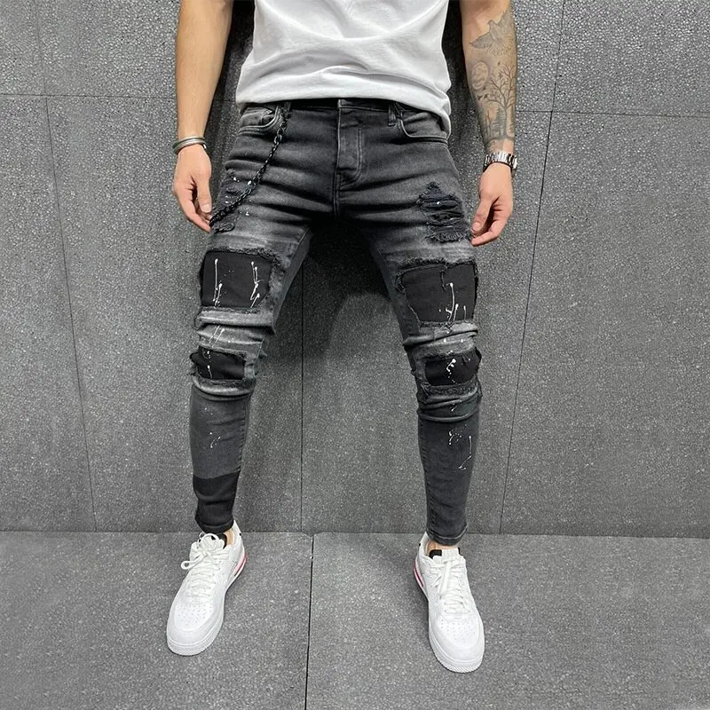 Plus Size S-3XL Men Ripped Jeans Spring Autumn Fashion Casual Washed Hole Slim Skinny Pencil Long Denim Pants Hip Hop