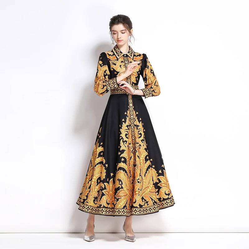 

Women's Runway Fashion Spring Autumn Long Sleeve Long Print Dress Female High Waist Chic Party A-line Dress TB2830