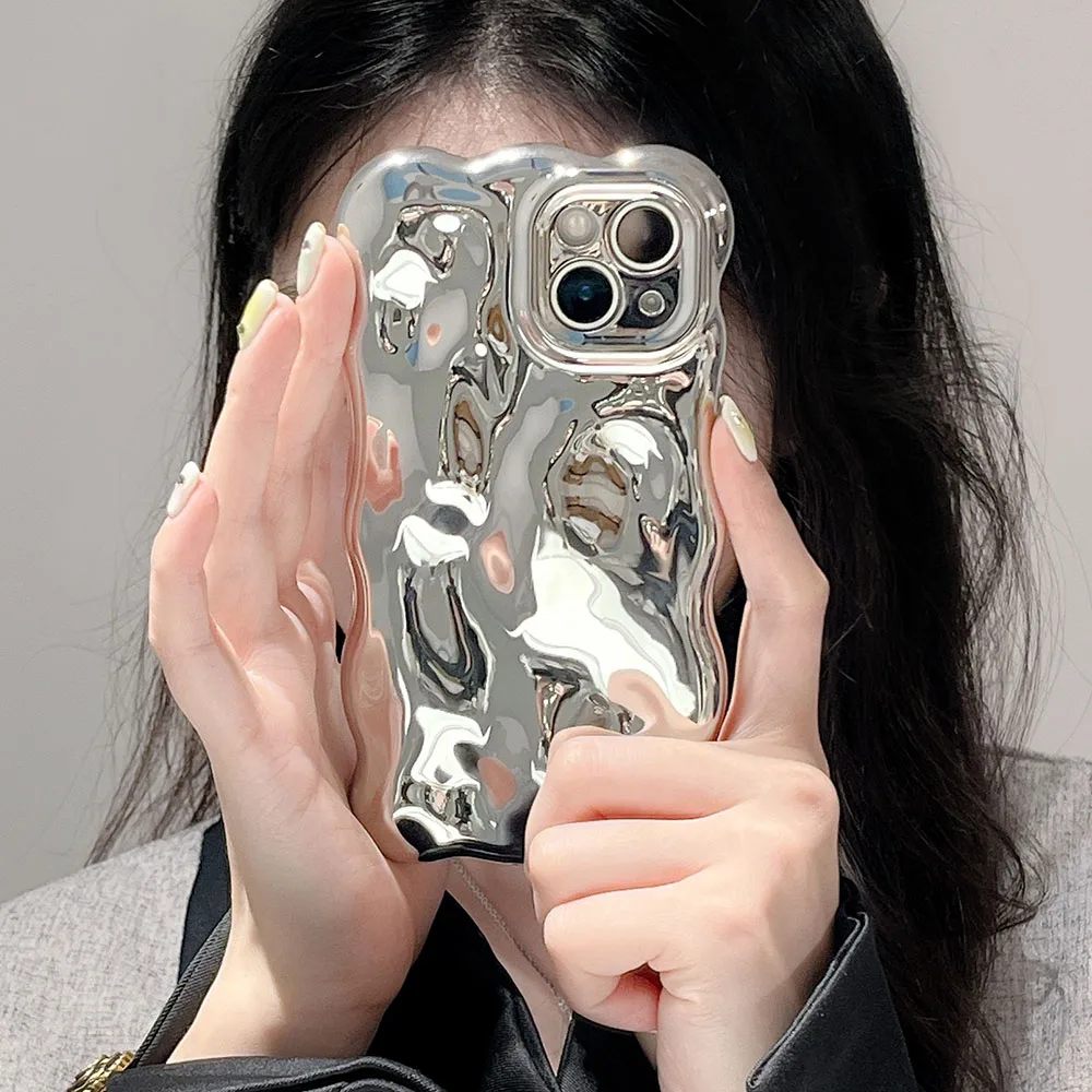 

Wavy 3D Meteorite Texture Plating Silver Phone Back Case For iPhone 11 12 13 14 Pro Max Cover Full Camera Lens Protective Cases