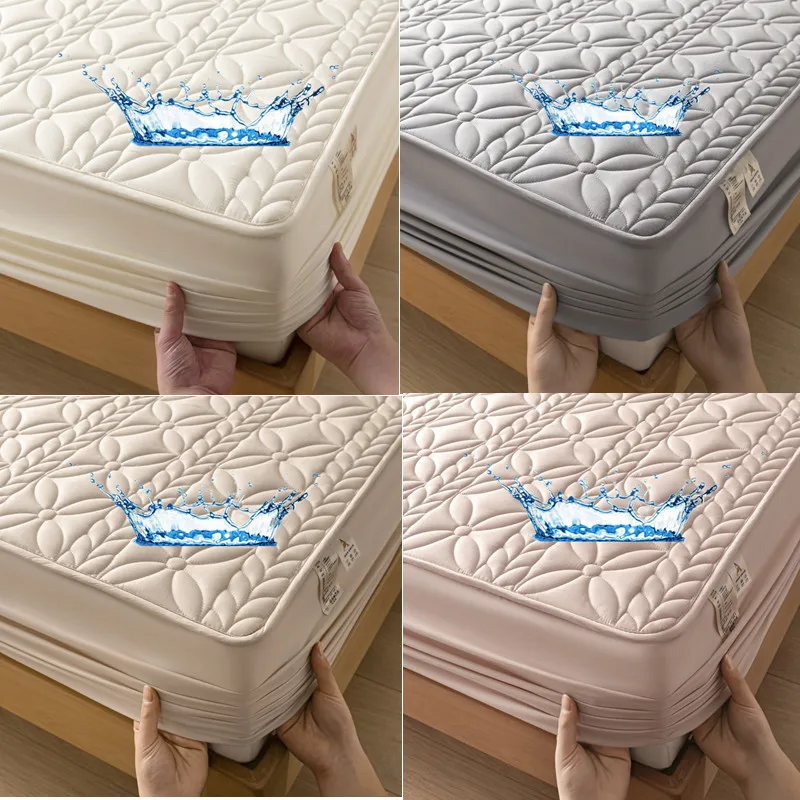 100% Waterproof Fitted Sheet Solid Color Cotton Quilted Embossed Mattress Protector Style Cover for Mattress Soft Pad for Bed 6