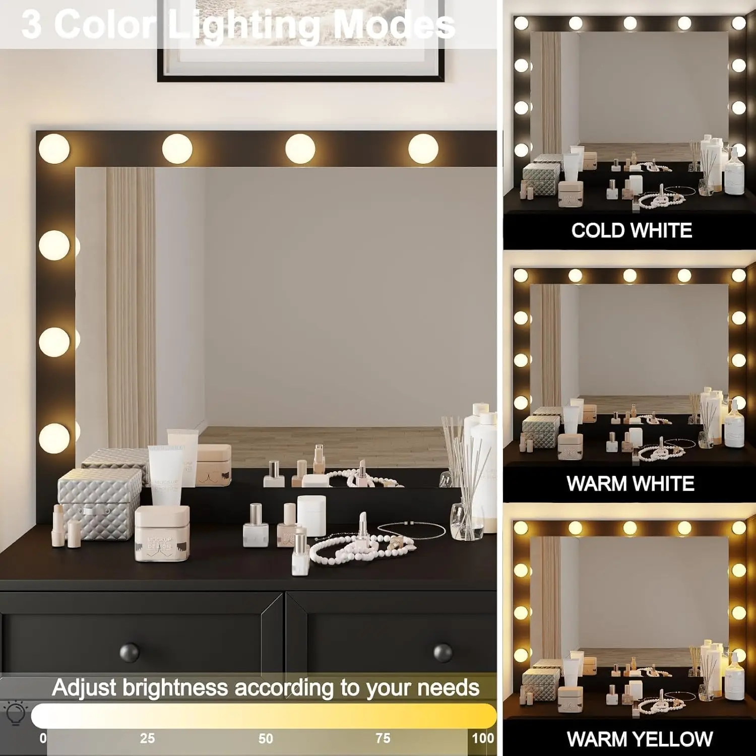 43" W Vanity Desk with Mirror & 11 Lights,Modern Makeup Desk with 5 Drawers & Cushioned Stool,3 Lighting Modes Brightness Adjust