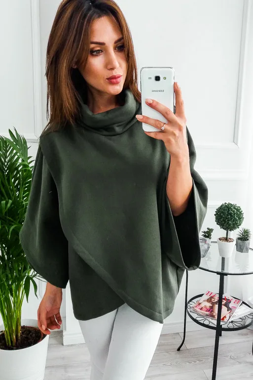 2024 Autumn Winter Thick Warm Sweatshirt Fleece Cloak Bat Sleeved High-necked Sweater Top Cape Tops Chic Wholesale Drop Shipping