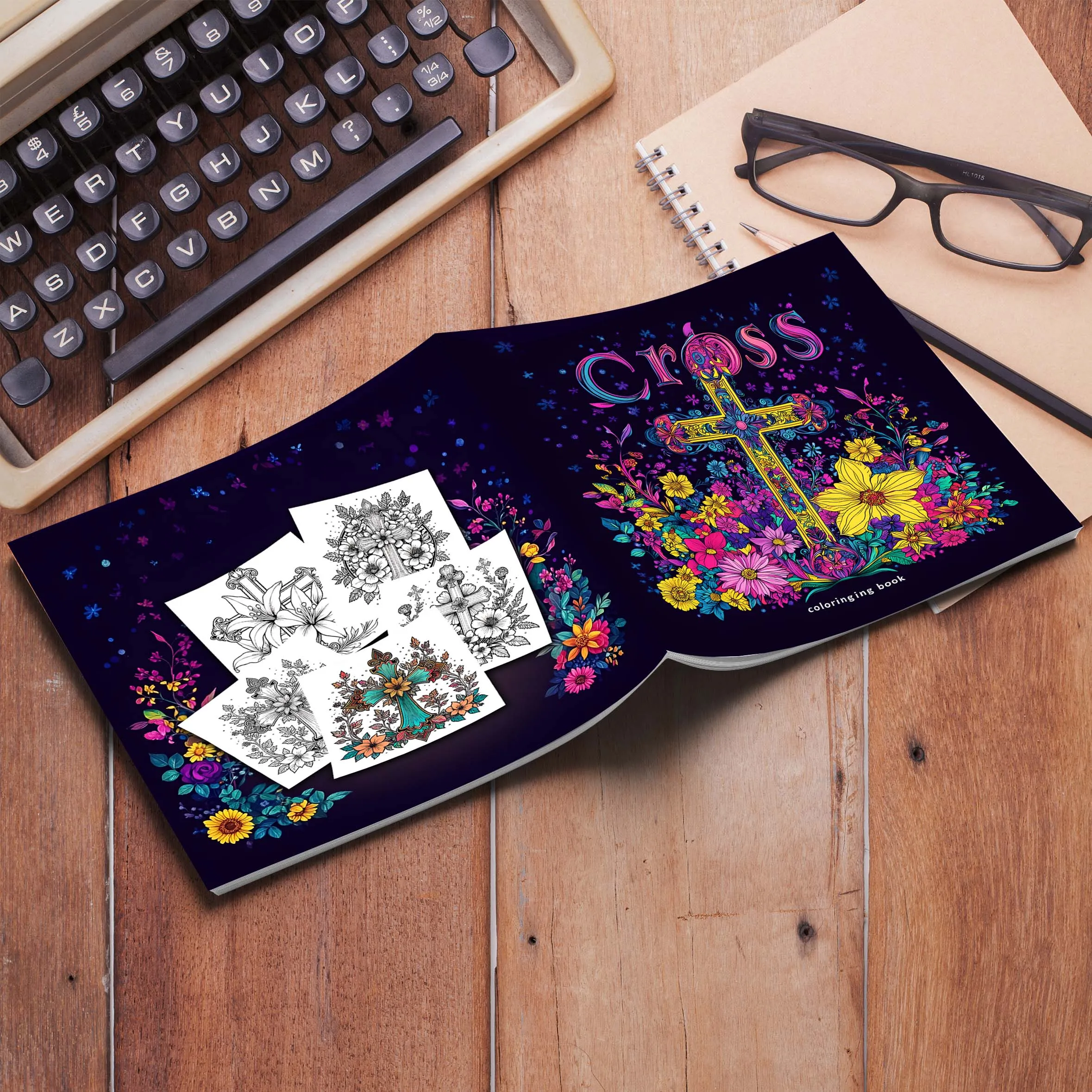 Cross surrounded by flowers Art Coloring Book 24page Adult Picture Book help relieve stress and mood Graffiti Painting Drawing 2