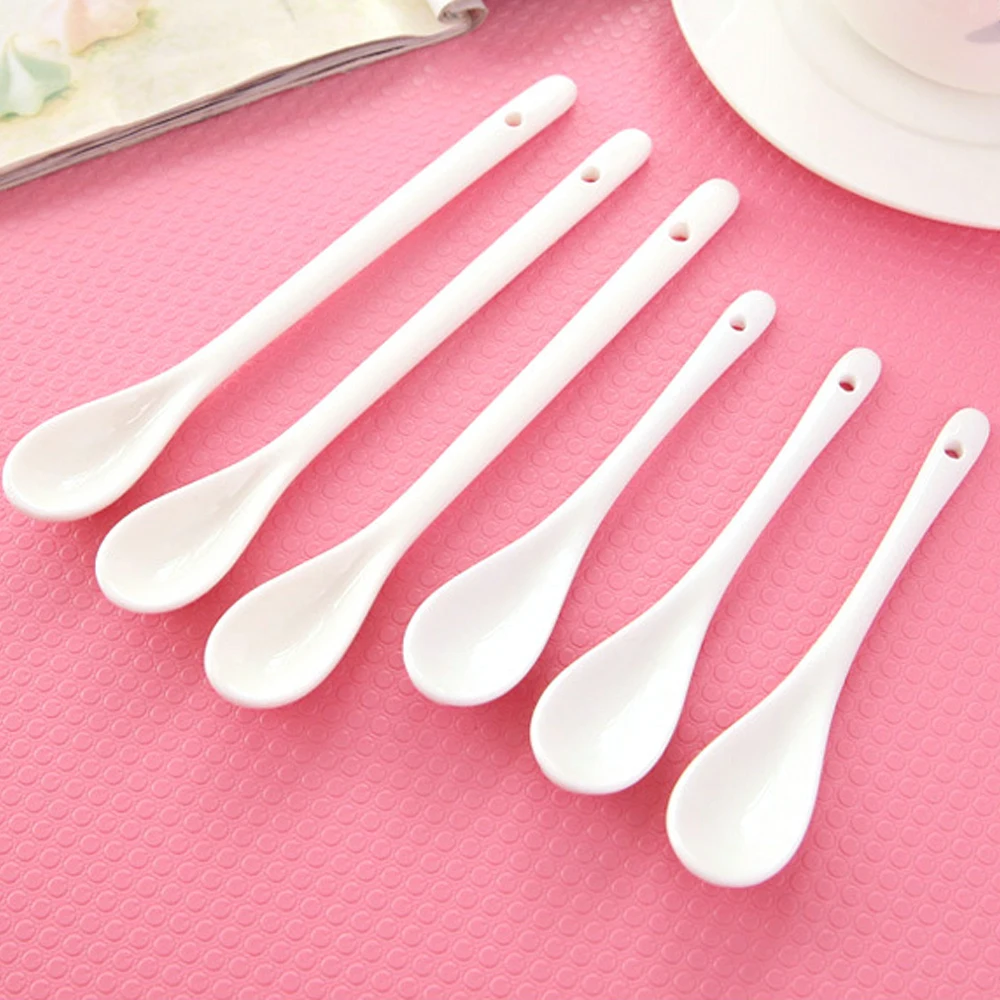 

10pcs Ceramic Coffee Spoons Pure White Porcelain Spoon for Tea Sugar Dessert Ice Cream Long Handle Spoon Kitchen Flatware