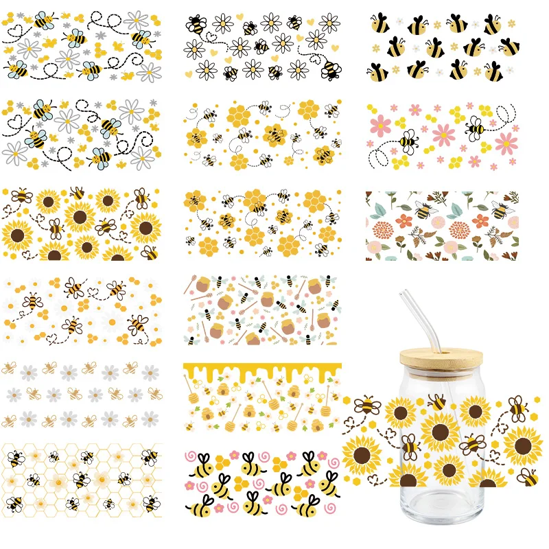 Cartoon Bee UV DTF Wrap Transfer Stickers Waterproof DTF Wrap For Glasses Cups Bottles Mugs Decal Easy To Use