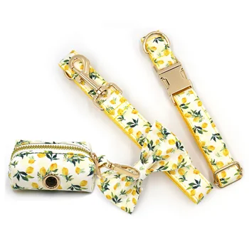 Personalized Pet Collar for Cats Small Medium Large Dogs Lemon Printing Luxury Designer Bow Dog Collar & Leash Set with Poop Bag 1