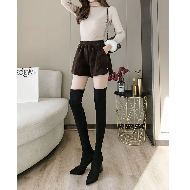 Women's Corduroy Shorts Elastic Waist Monochromatic Loose Simplicity Wide Leg Pants Casual Fashion Clothing Spring Autumn New