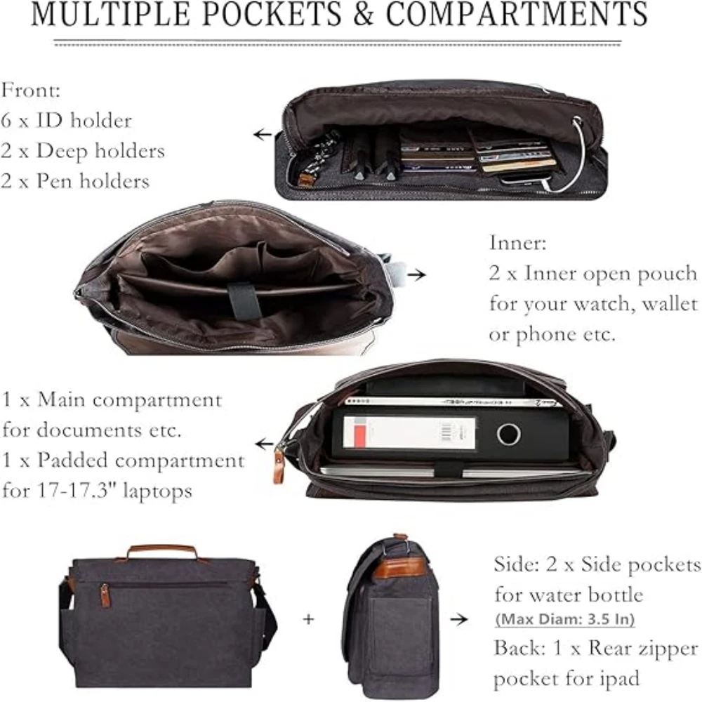ESTARER Messenger Bag for Men 17-17.3 Inch Laptop Bag Water-resistant Canvas Computer Shoulder Bag Briefcase for Work College 5