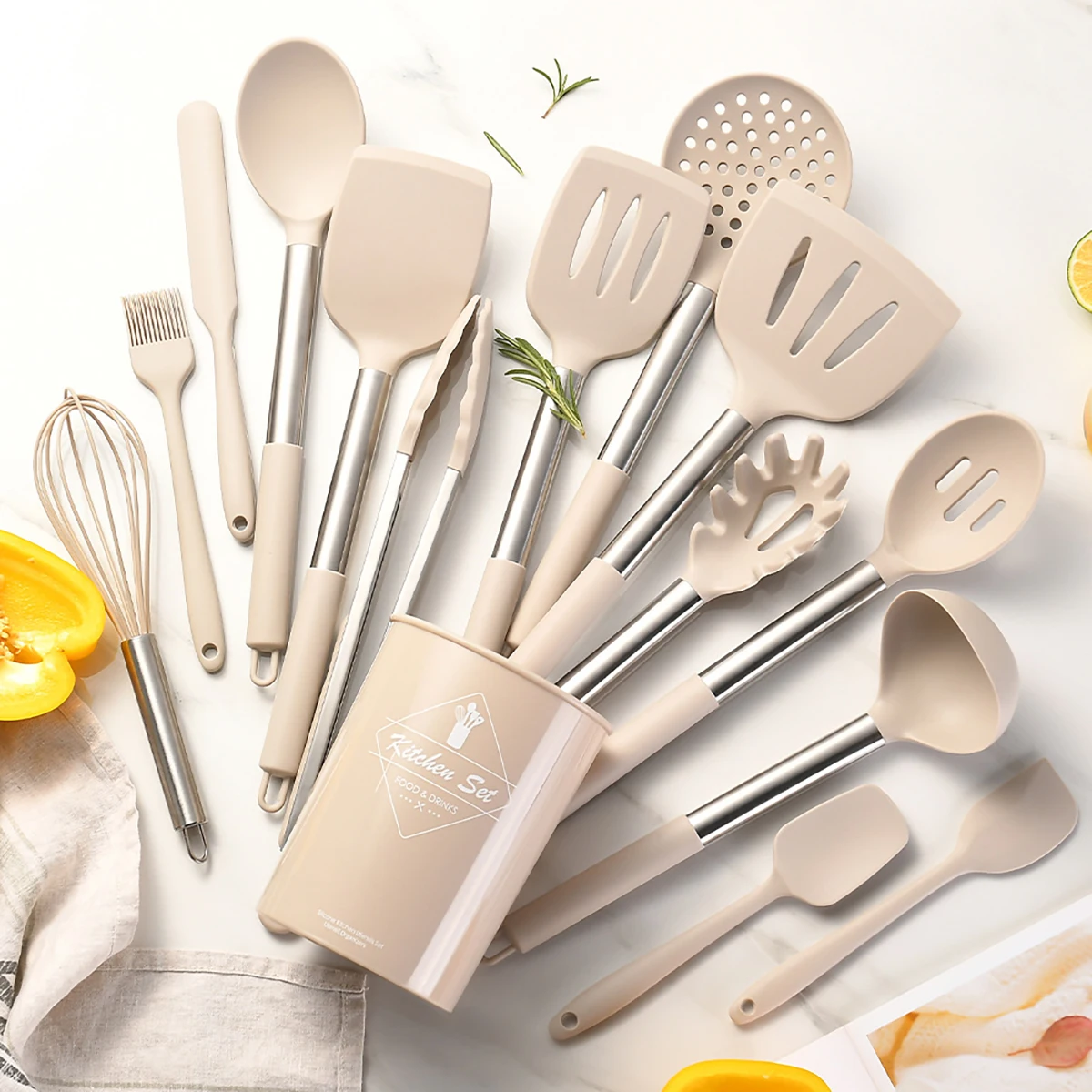 Set Utensili Da Cucina In Silicone Con Manico In Legno - Mestolo, Spatola E Cucchiaio Forato, Antigraffio E Termoresistenti 220°C - 5