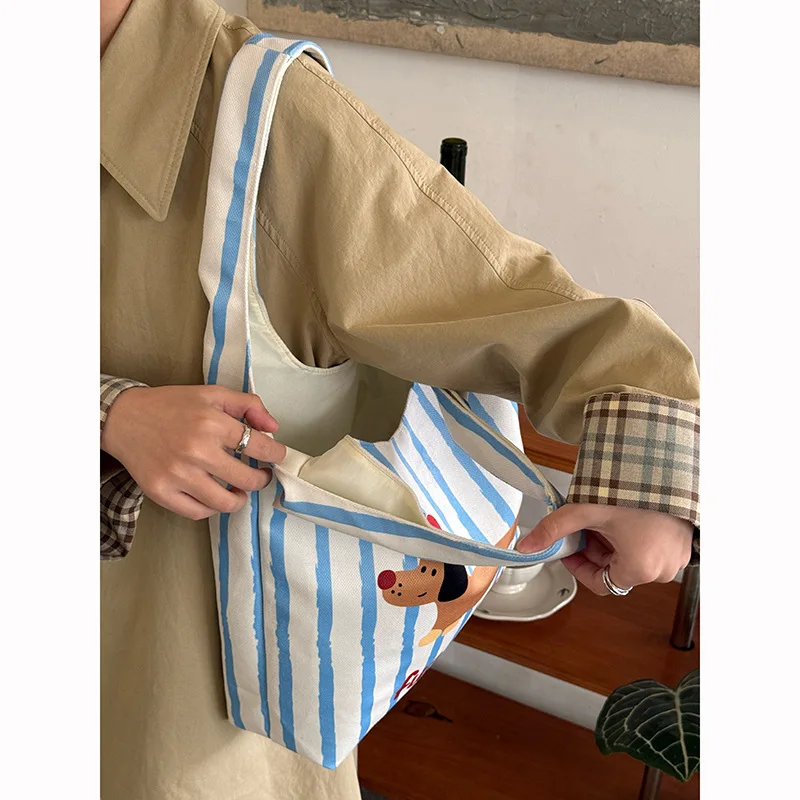 Cute Sausage Dog Striped Canvas Bag, New Niche Design, Single Shoulder Armpit Bag, Large Capacity Commuting Tote Bag