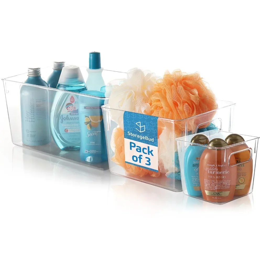 Eatex 2 Pack Clear Plastic Bathroom Vanity Storage Bin with Handles - Container Organizer for Soaps, Shampoos, Conditioners, Cosmetics, Hand Towels