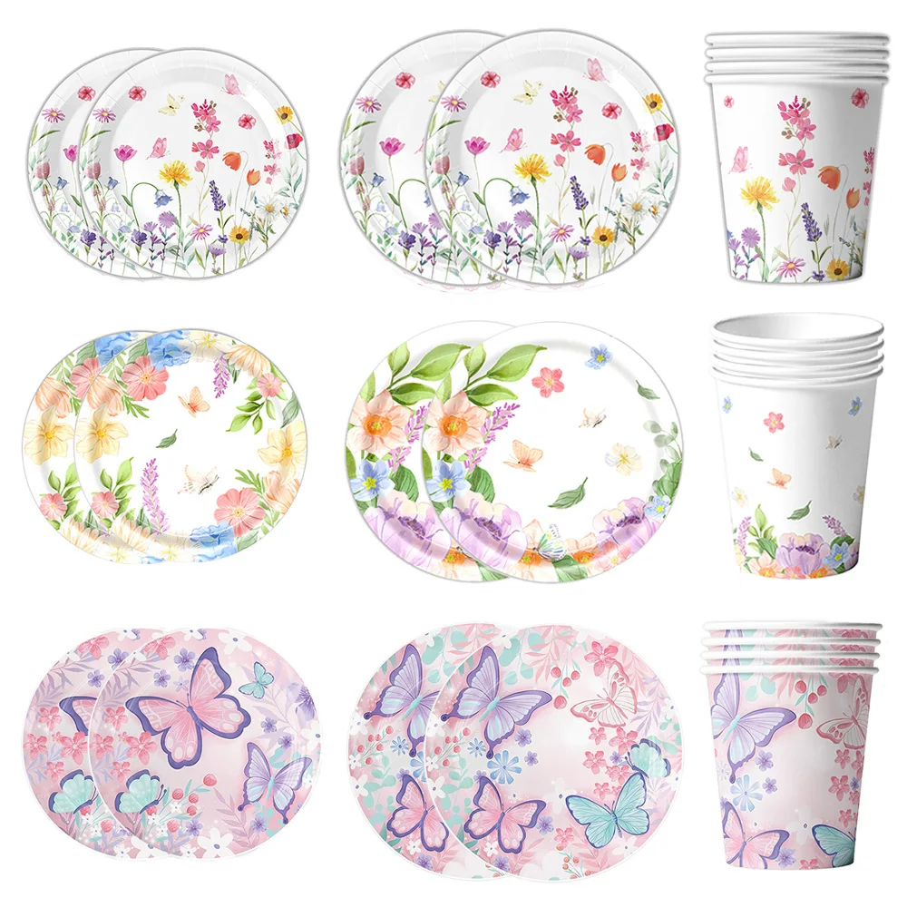 Elegant Floral Butterfly Disposable Party Set - Plates & Cups