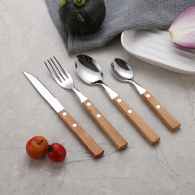 Knife Fork Spoon Tableware 1PC Stainless Steel Cutlery For Western Food Dessert Kitchen Dinnerware cubiertos Wood Handle cutlery set western style cutlery set picnic cutlery set stainless steel cutlery set