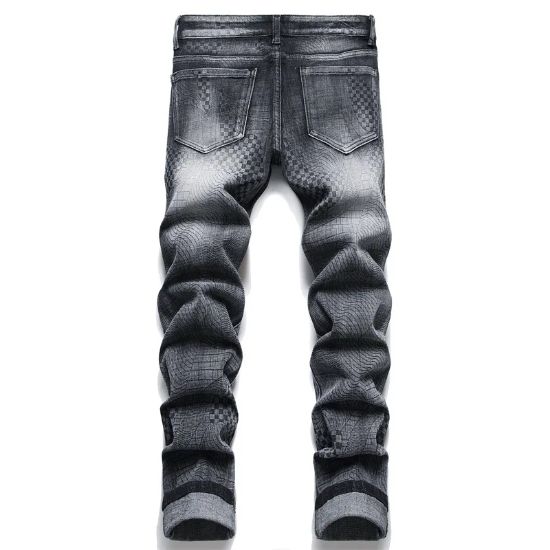 Hot Printed Jeans Men's Feet High Elastic Leather Splice Block Arrangement Embroidered Pants Silk Lining High Street Luxury Tide