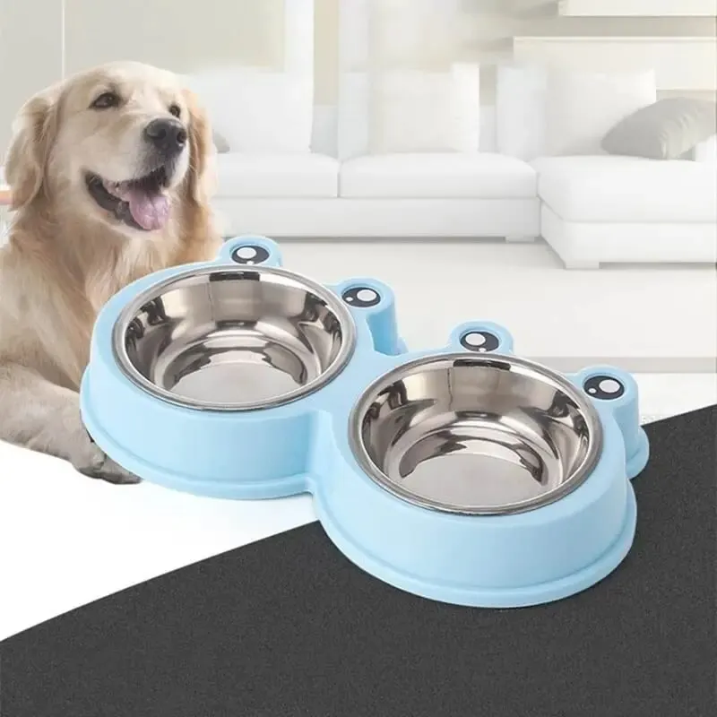 Dog Food Feeder Pet Dog Food Feeder Double Bowl Stainless Steel Rounded Cute Cartoon Frog Style Thickened Combo Anti-skid