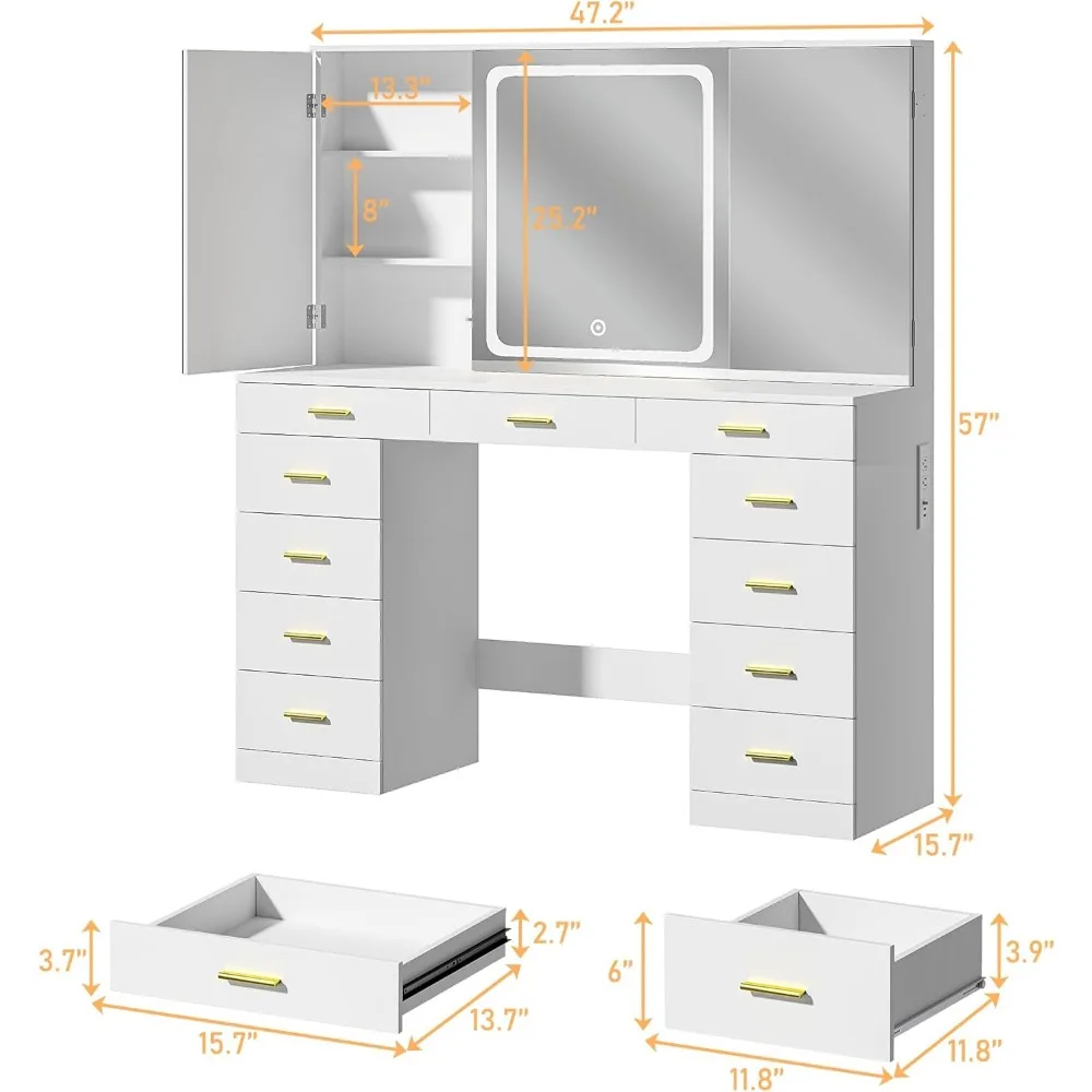 Vanity Desk with Mirror and Lights, 47.2" Makeup Vanity with 11 Storage Drawers and Hidden Storage Shelves, White Vanity with Ch 3