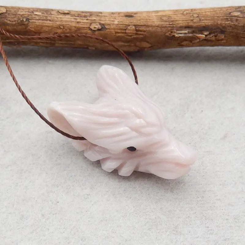 Customized Jewelry Natural Stone Pink Opal Handcarved Wolf Head Gemstone Fashion Necklace Accessories Pendant Bead 26x16x11mm 4g