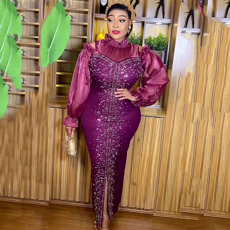 

African Dresses For Women Robe Africaine Dashiki Off Shoulder Puff Sleeve Elastic Bodycon Gowns Africa Clothing Lady Party Dress