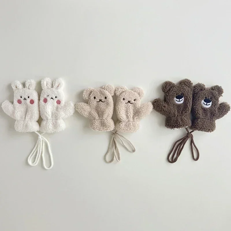 Baby Thicken Plush Warm Mitten Cute Cartoon Bear Girls Children with Rope Mittens Comfortable Windproof Boys Kids Outdoor Gloves