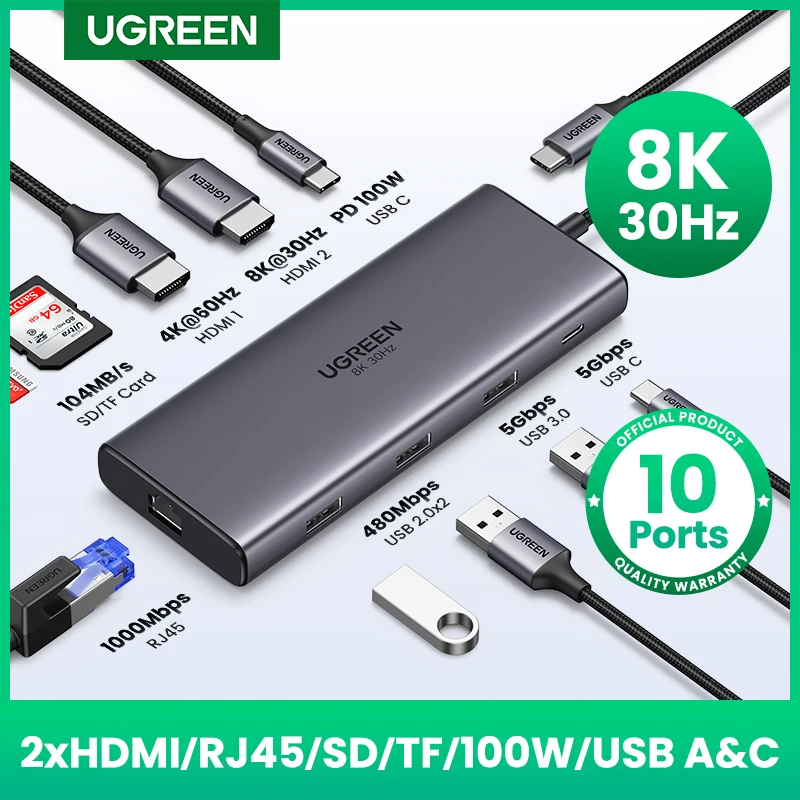 Ugreen-hub Usb Dual Hdmi Adaptador 8k Divisor 10 em Rj45 Usb 3.0 pd Dock 100w para Macbook Pro Air m2 m1 Hub Usb c