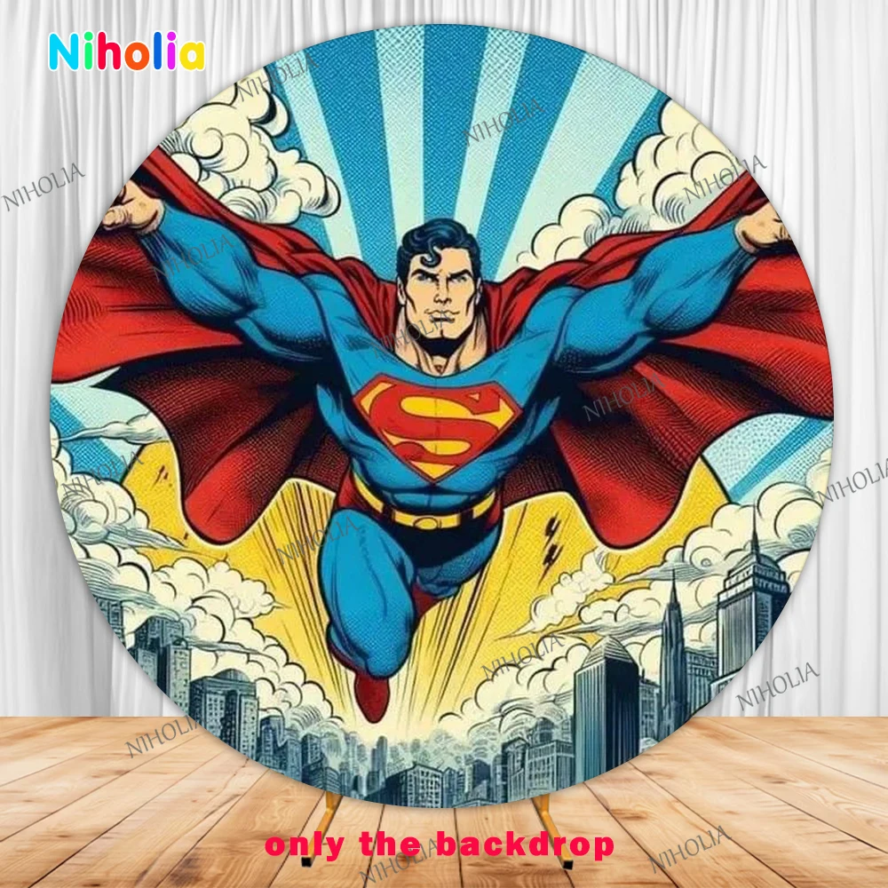 スーパーヒーロー スーパーマン ラウンド背景 DCコミックス 男の子の誕生日パーティー カバー背景 ベビーシャワー デコレーション小道具 ケーキテーブルバナー