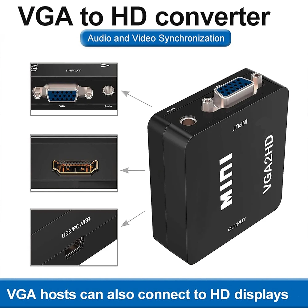 

3.5mm AUX VGA To HD Display Converter Box with USB Power Cable 1080P Video Audio Adapter for Laptop PC Monitor HDTV Projector