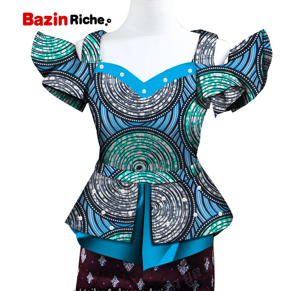 

Топ с Африканским принтом для женщин, Футболка с рукавами с оборками и жемчугом, 100% хлопок, модная африканская одежда Дашики, женская летняя одежда WY5096