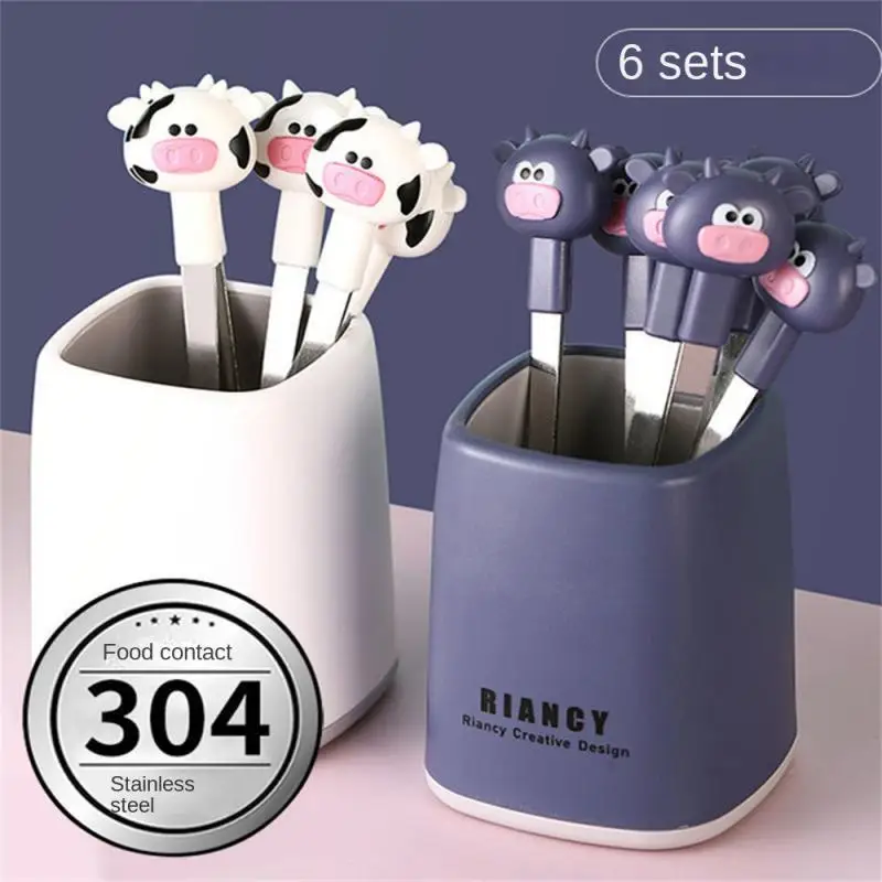 

/set Cute Cartoon Cow Creative Stainless Steel Dessert Fruit Forks with Holder Set Mini Salad Fruit Fork Food Flatware