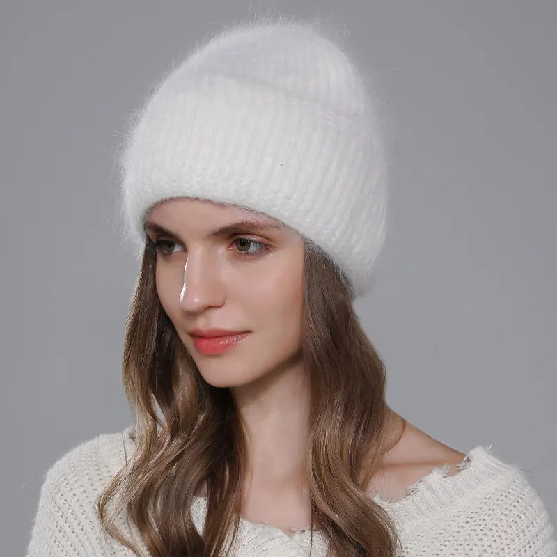 CNTANG 2023 Trend Women Hat Winter Warm Angora Long Rabbit Fur Beanies Knitted Cashmere Hats For Female Fashion Ladies Cap